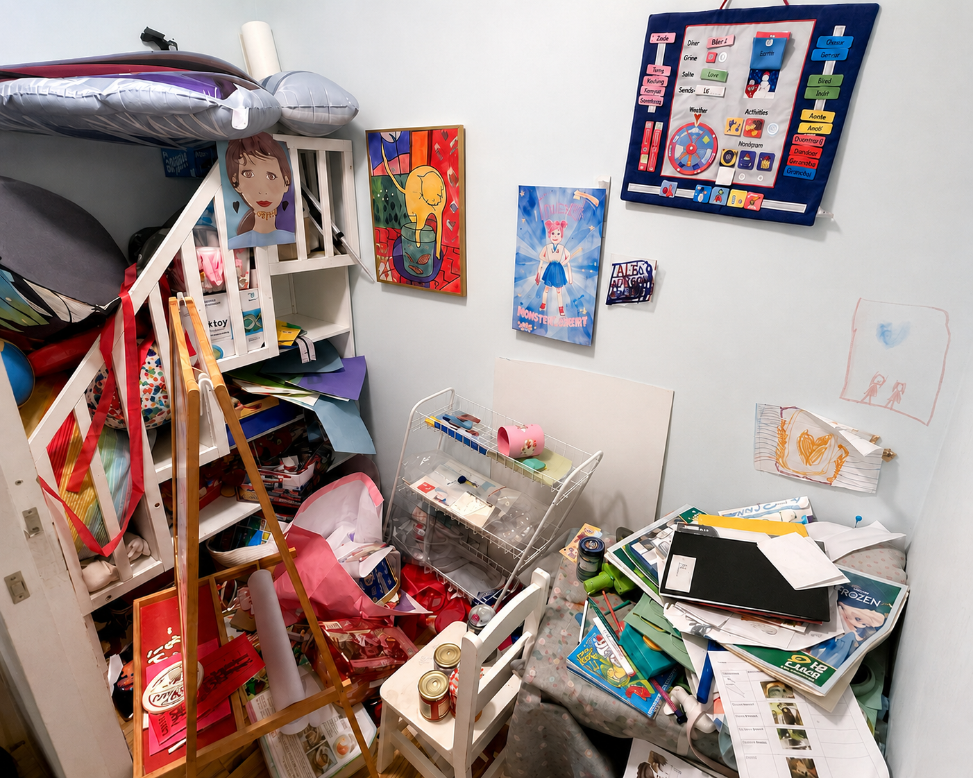 Kids art room before organizing, with supplies, paper and toys piled on the bed, cart and floor