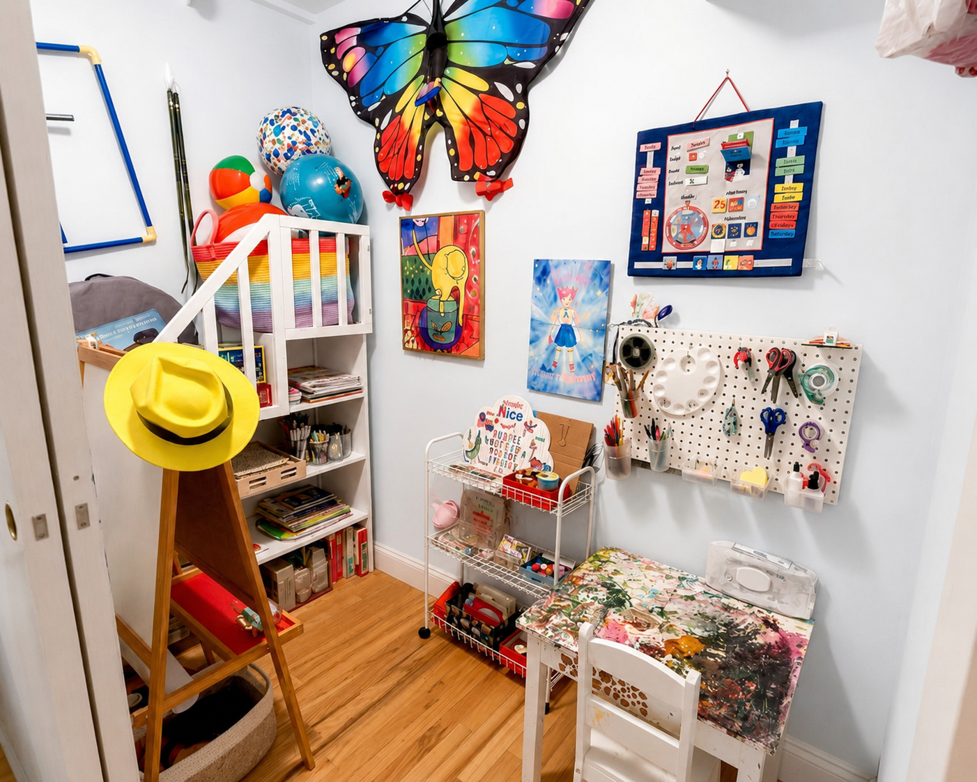 The same kids art room after organizing, with art supplies on a pegboard, sorted shelving and a clear work table