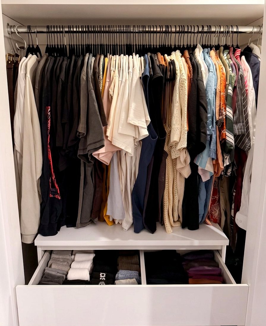 Organized white closet with evenly spaced hangers, sorted garments and a drawer of folded socks