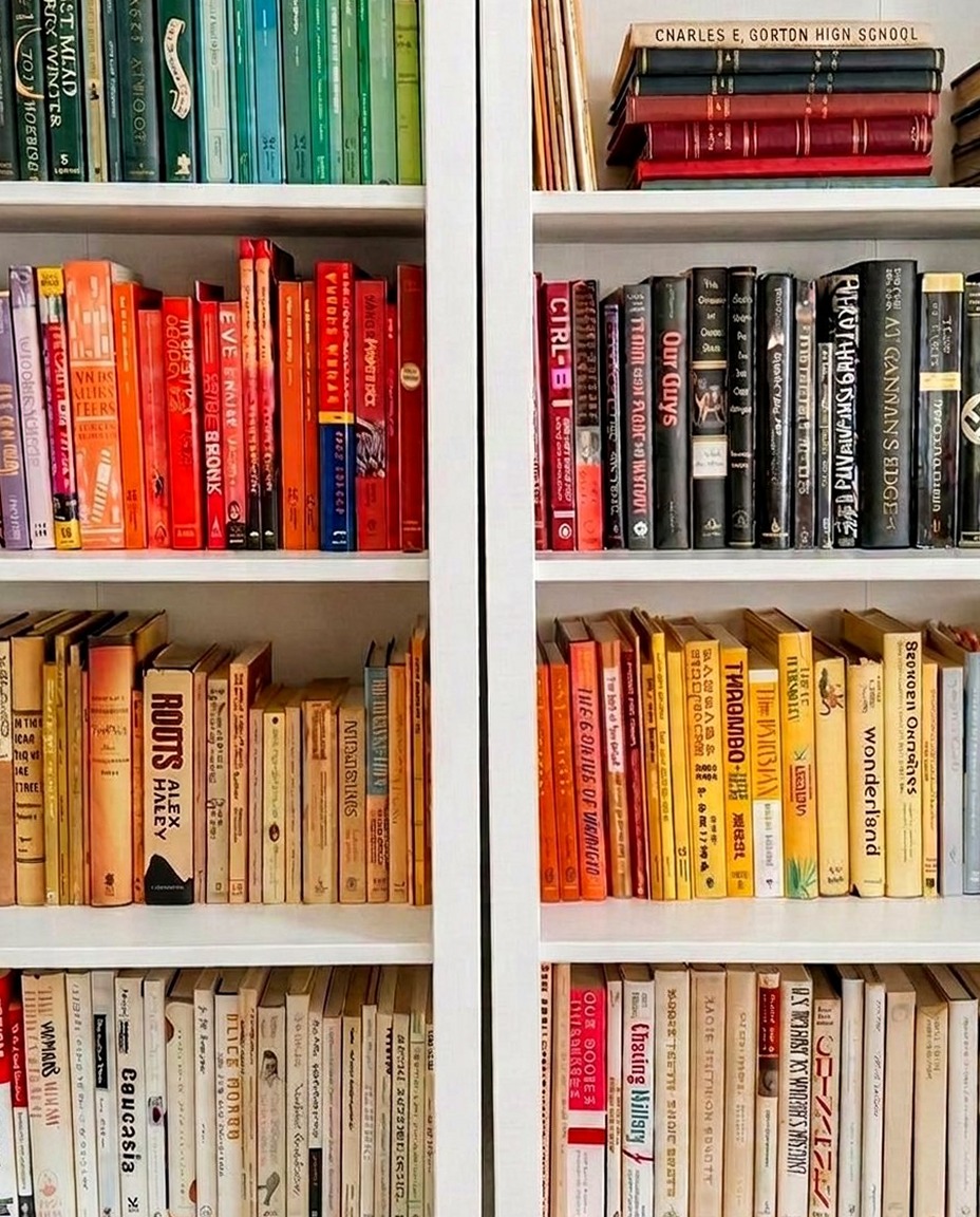 White built-in bookshelves with books arranged by color