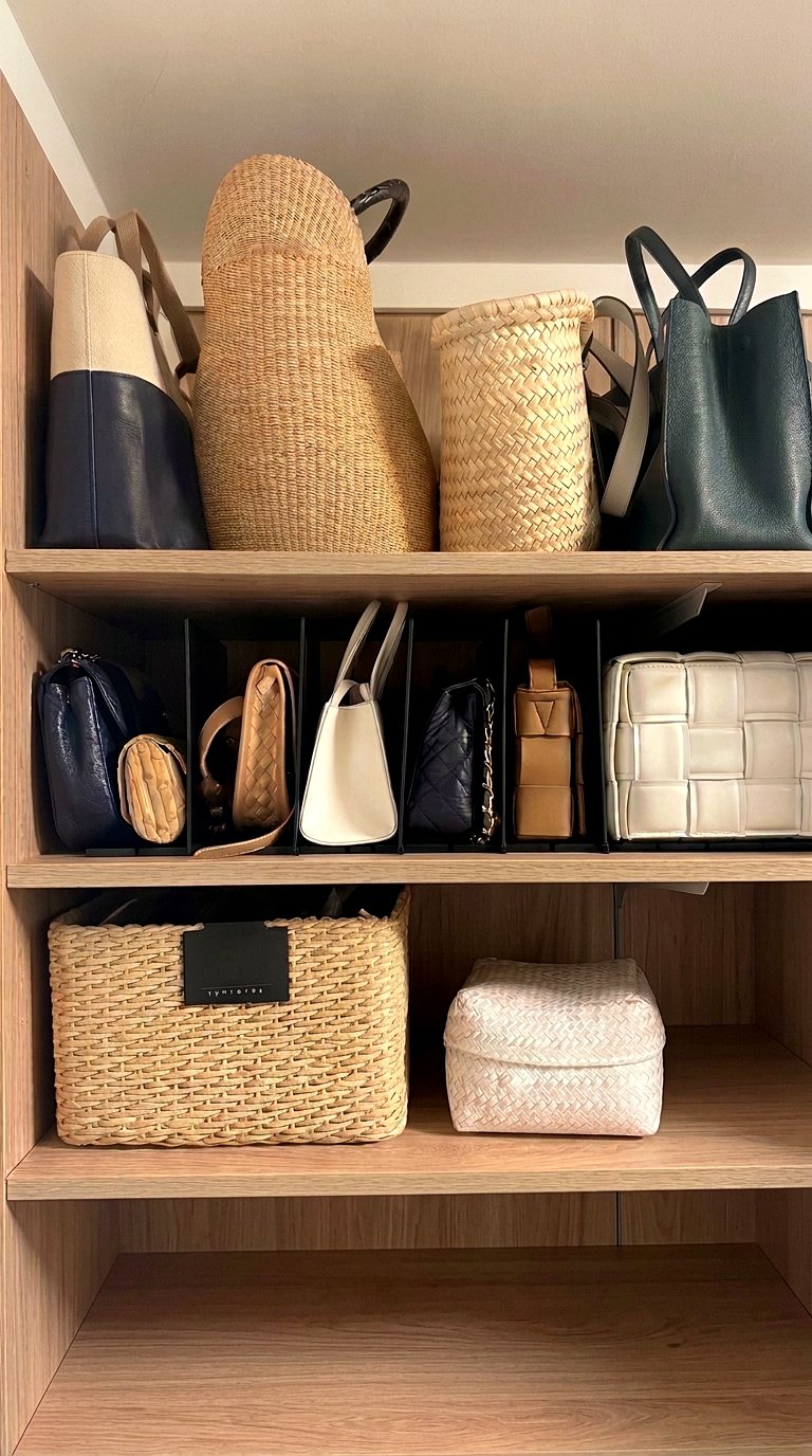 Closet shelf organized with handbags, woven baskets and labeled bins
