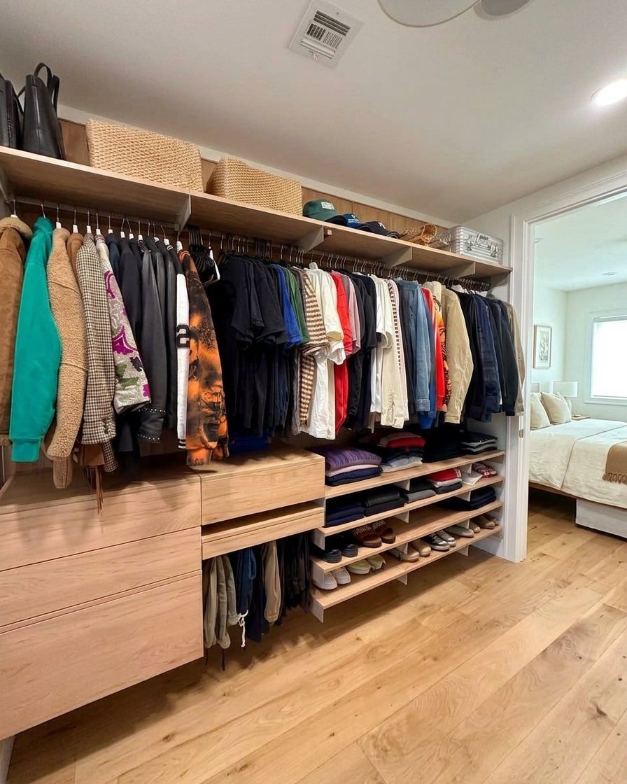 Long oak wardrobe wall with hanging coats, folded knits and shoes lined on open shelves